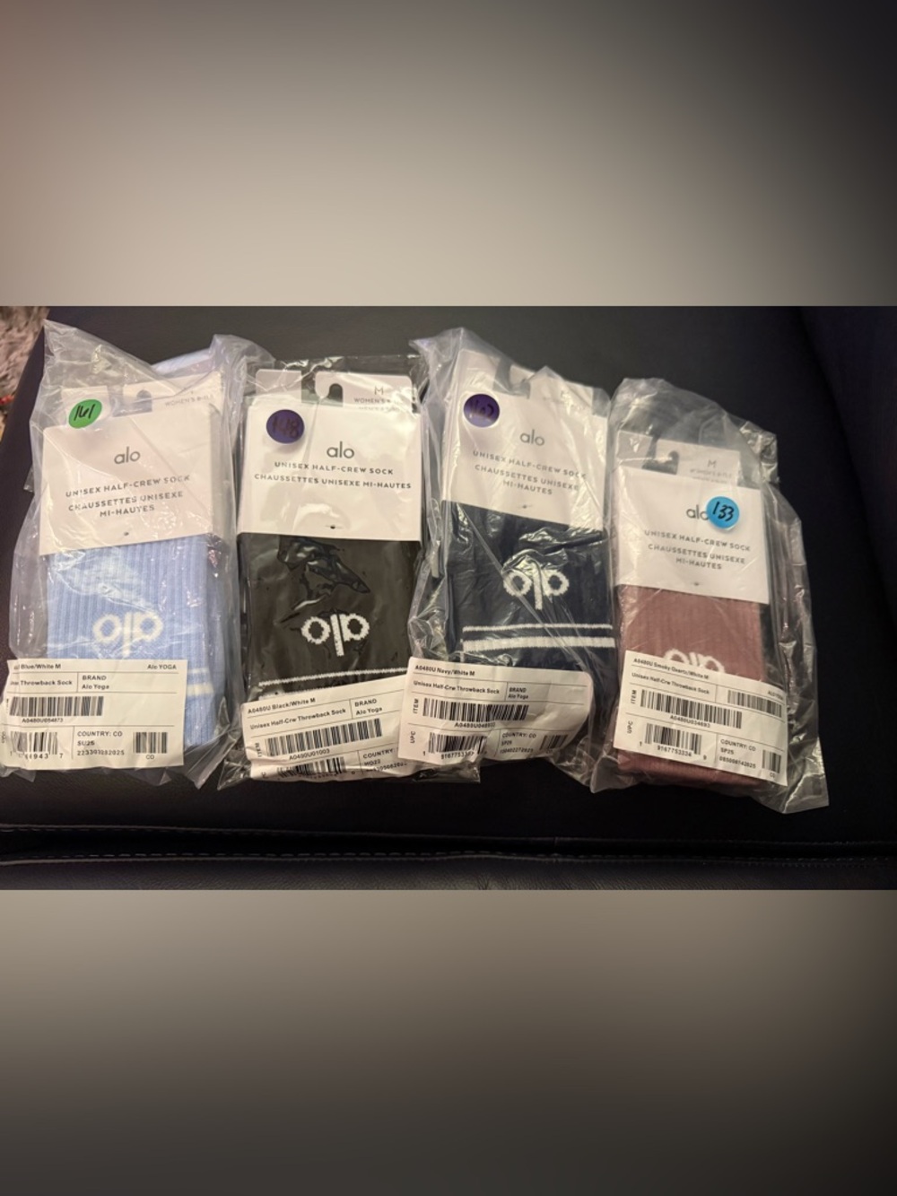 Lot of 4 ALO Yoga Unisex Half-Crew Socks Black, Navy, Seaside Blue, Smoky Quartz